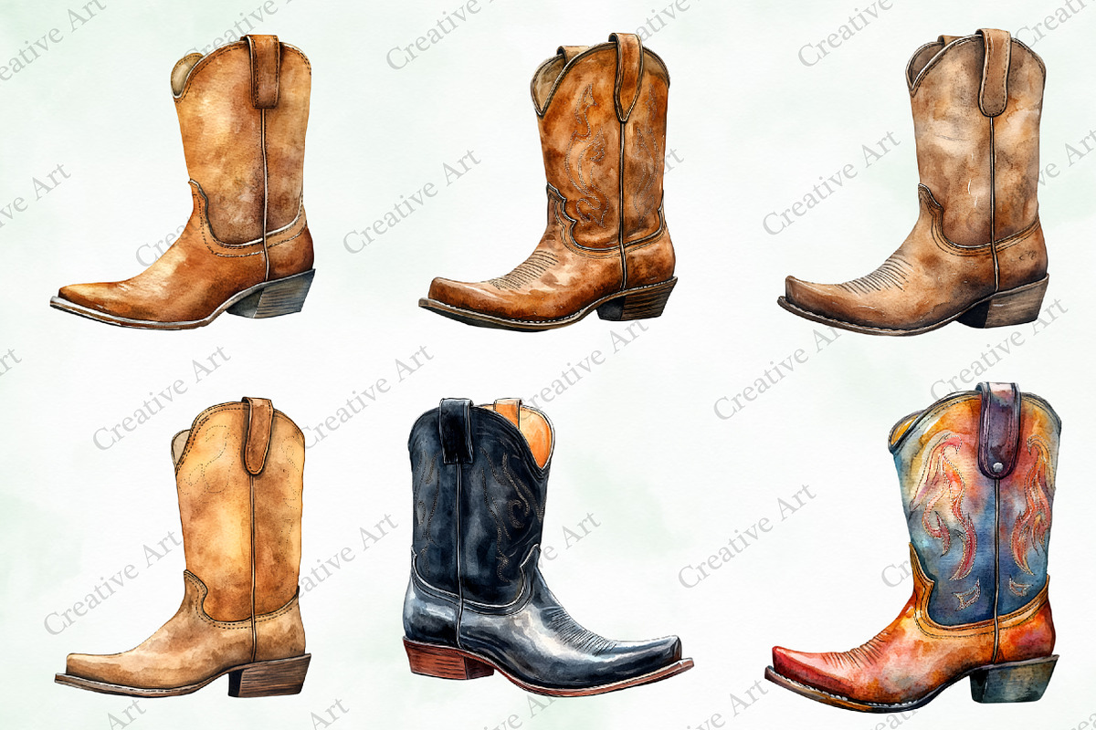 Western Boots Watercolor Clipart, an Illustration by Creative Art (Photo 3 of 10)