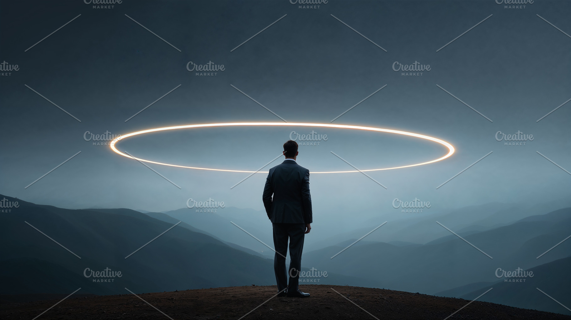 Creative portrait of a man with a halo effect in mountain landscape, a Person Photo by OSORIOartist