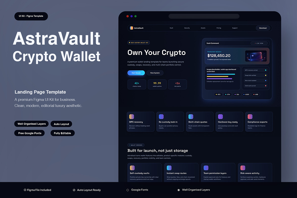 Crypto Wallet Landing Page Template, an UI Kit Template by Pitchlook.Studio (Photo 1 of 3)
