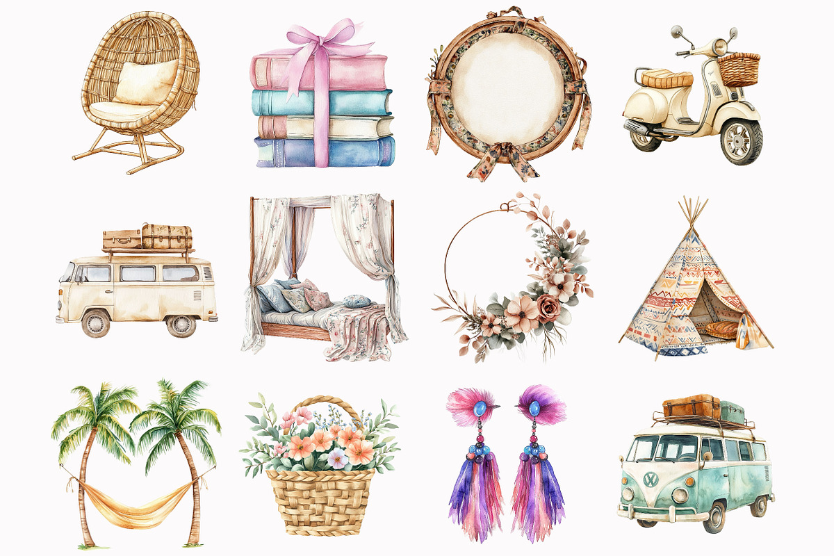 Watercolor Boho Summer Clipart, an Illustration by Design Market (Photo 3 of 5)
