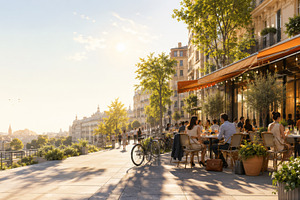 Outdoor cafe scene with people enjoy, a Photo by Dvoevnore photos