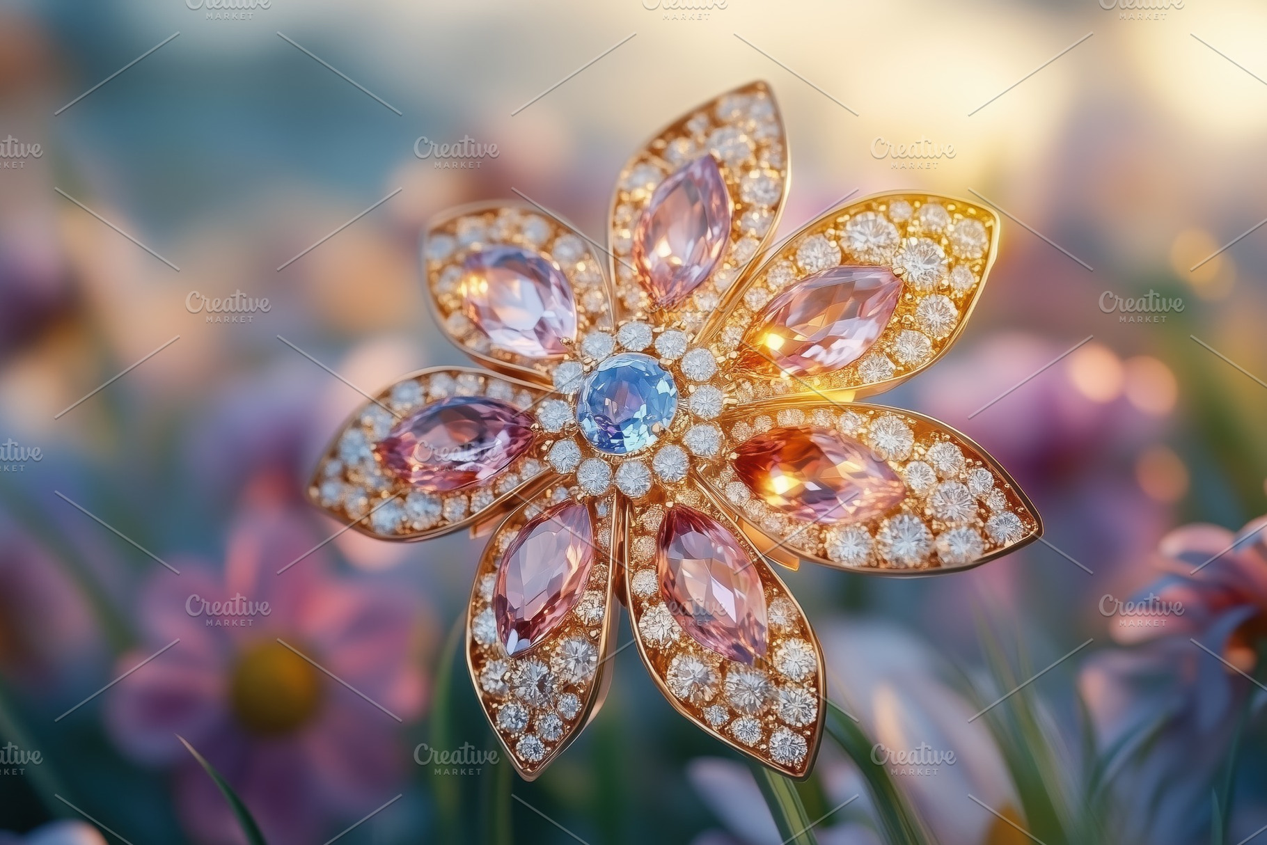 A beautiful floral brooch made of gold and adorned with pink and blue gemstones, a Technology Photo by Textures & Backgrounds