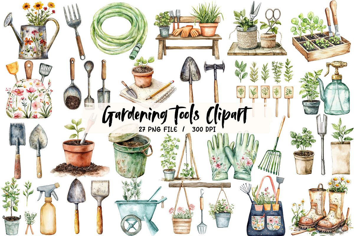 Gardening Tools Watercolor Clipart, an Illustration by Libby Wishes (Photo 1 of 7)