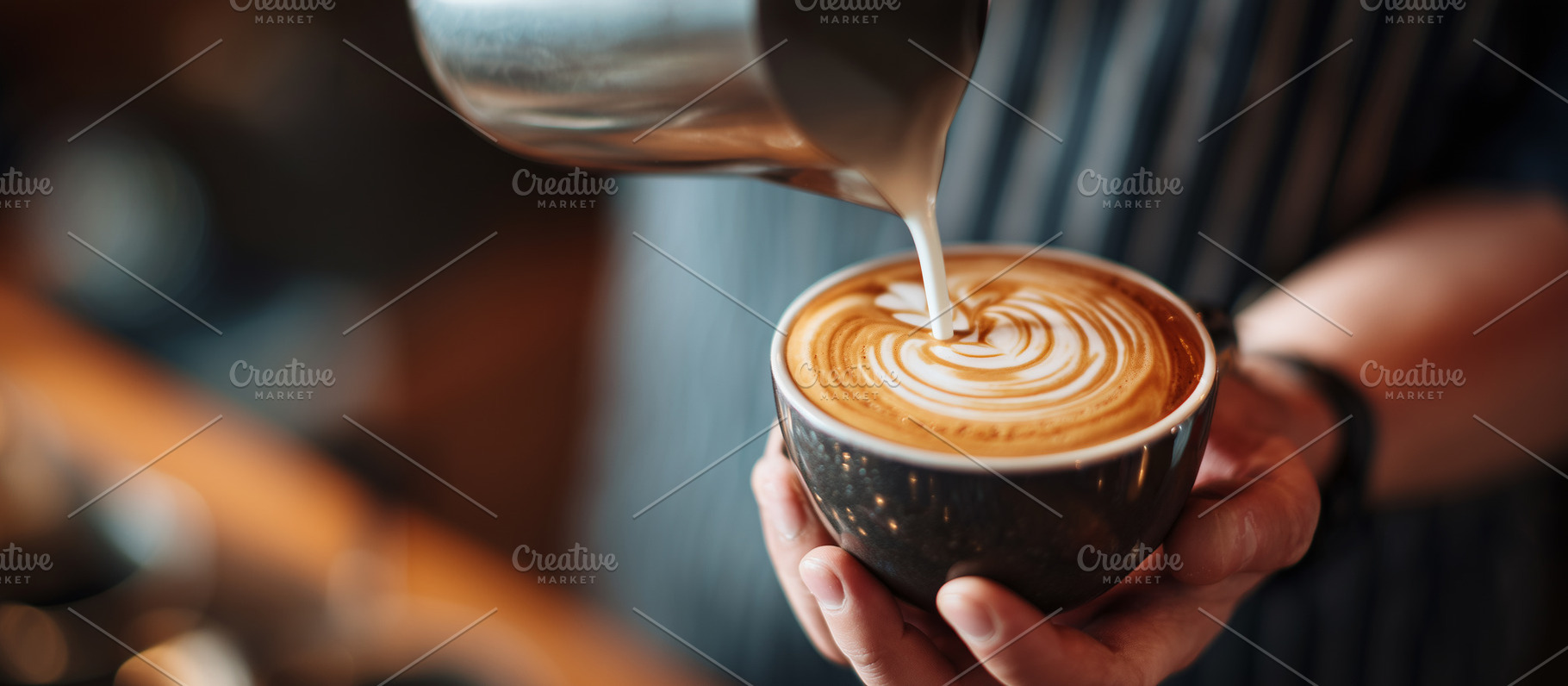 Barista skillfully pours milk into, a Food & Drink Photo by MistyDay