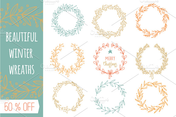 Set of hand drawn winter wreaths preview 2