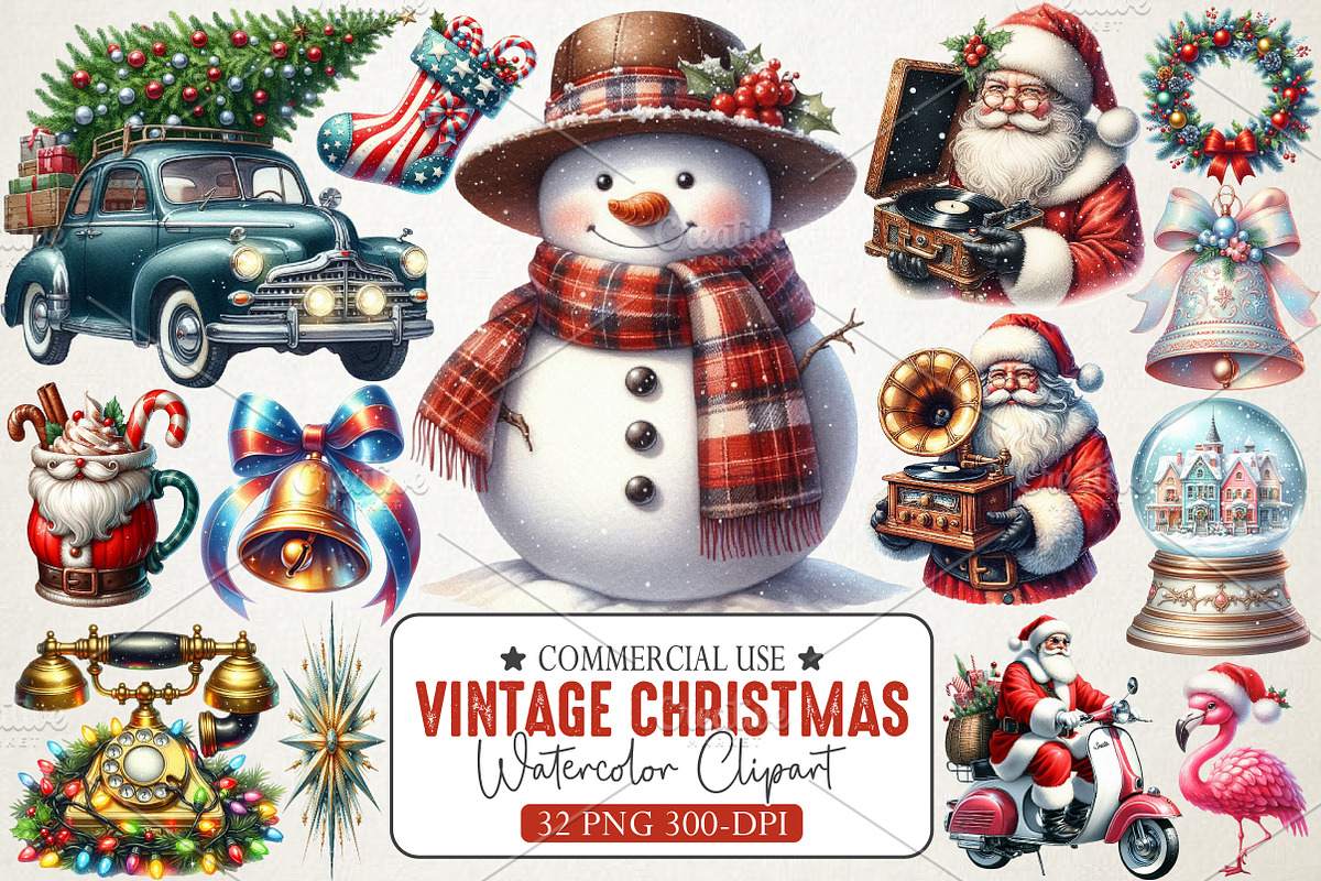 Retro Vintage Christmas Clipart Pack, an Illustration by RobertsArt (Photo 1 of 7)