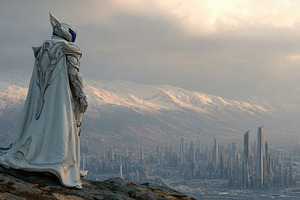 Futuristic Knight Surveys SciFi City, a Photo by Pixeness Studio