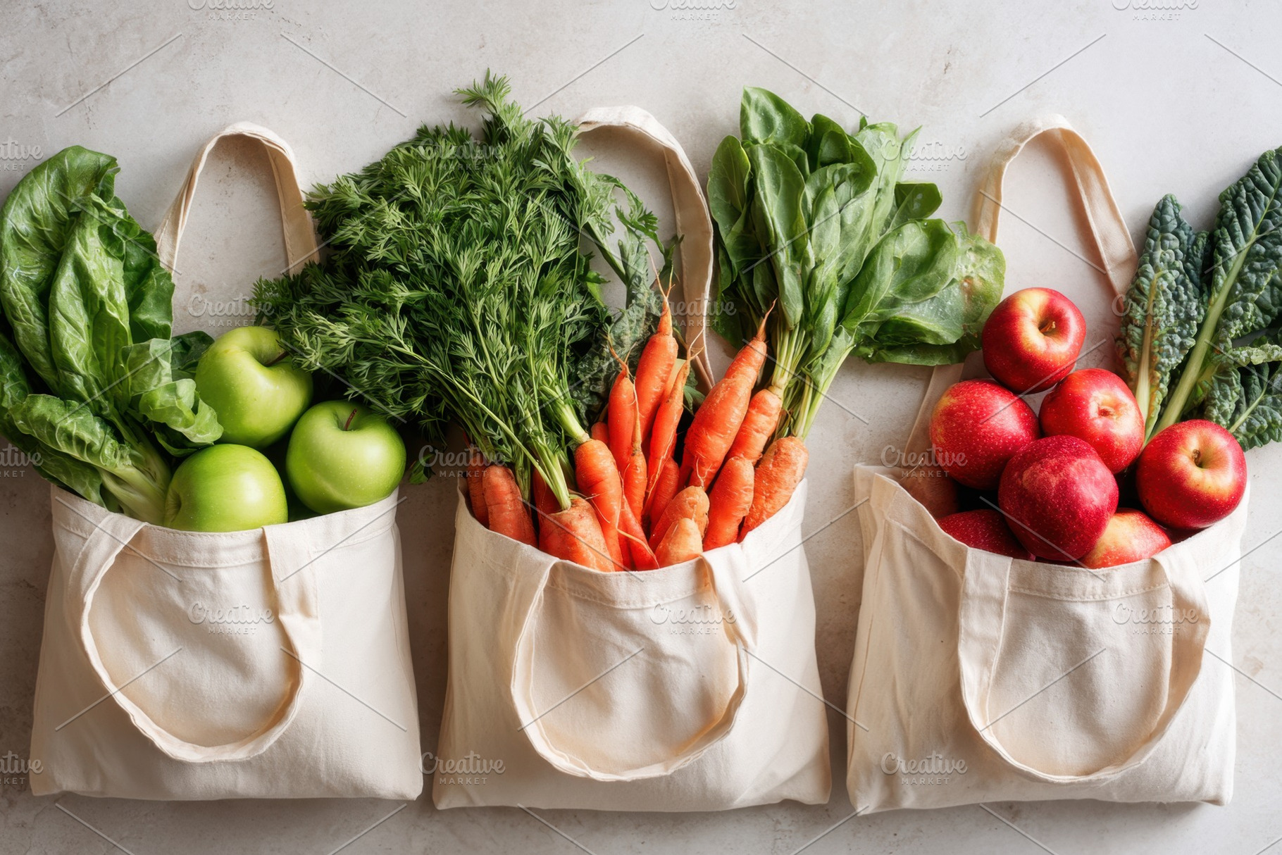 Fresh fruits and vegetables in reusable bags, a Food & Drink Photo by AlyaAnd