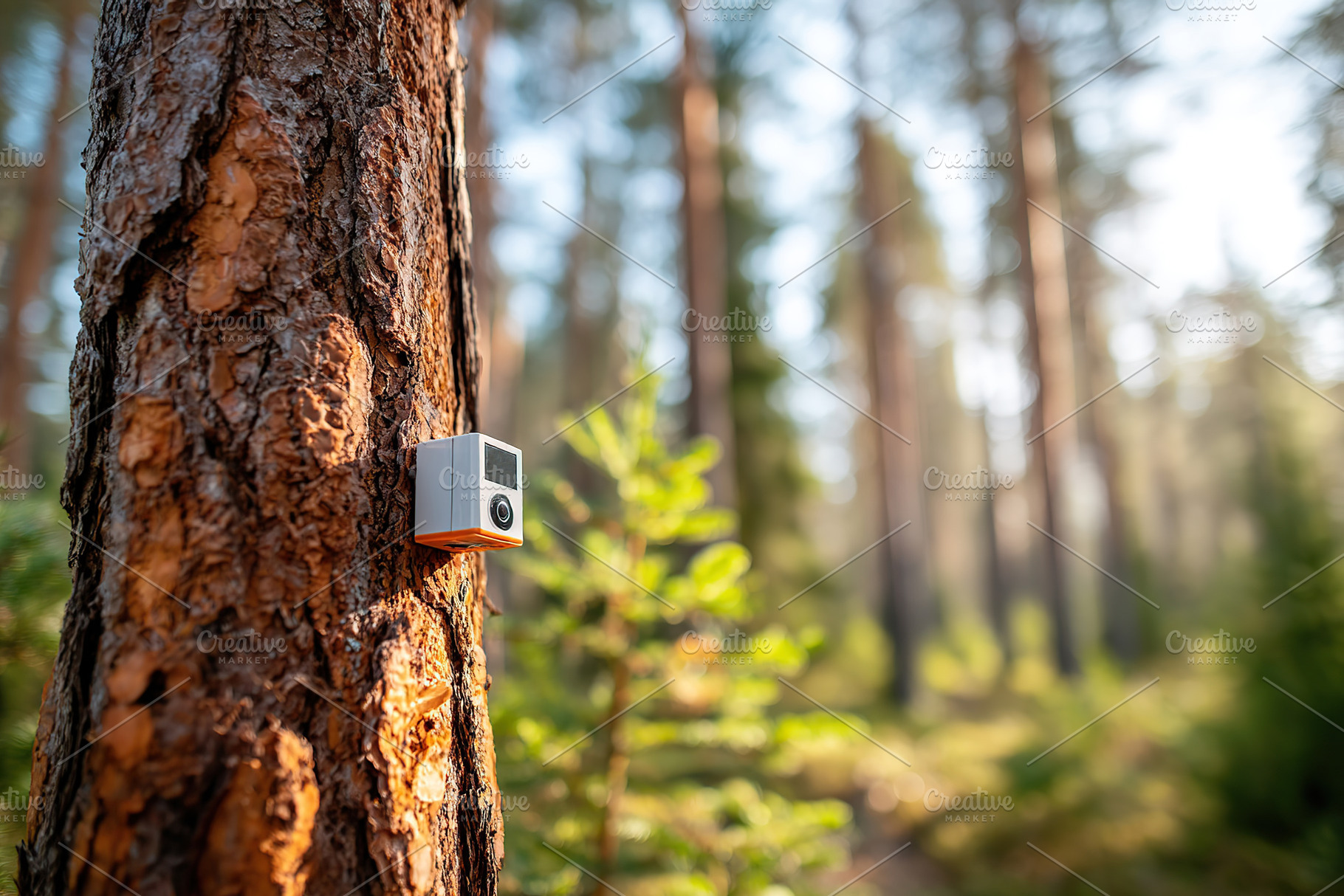 Forest fire detection system installed on tree in a serene forest during daylig, a Photo by AlyaAnd