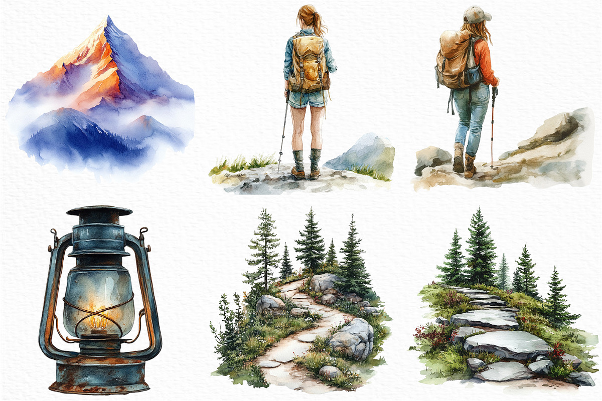 Watercolor Mountain Hiking Clipart, an Illustration by Craft Nest (Photo 2 of 6)