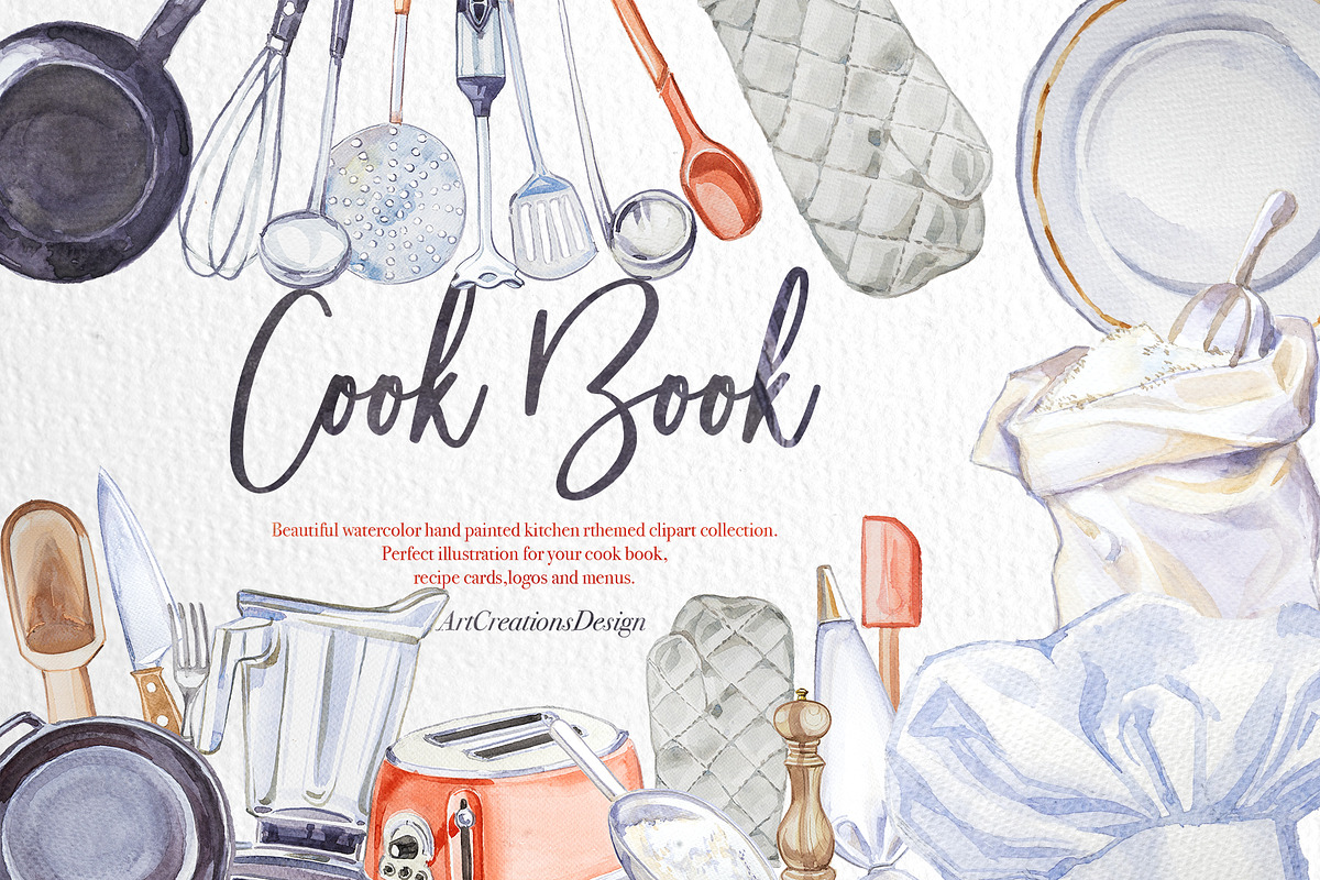 Watercolor Cook Book Clipart Set, a Food Illustration by ArtCreationsDesign (Photo 1 of 7)