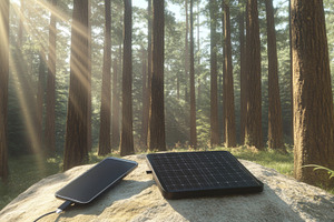 Solar charger on rock in forest setting, showcasing eco-friendly, a Photo by Dvoevnore photos
