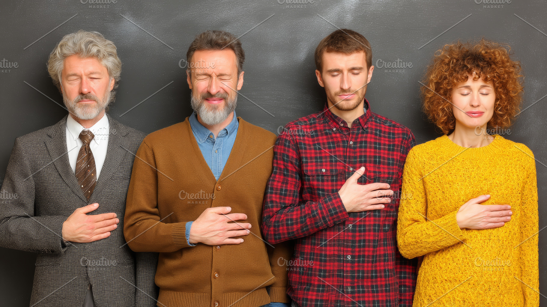 Group of people meditating with closed eyes while expressing gratitude and focu, a Photo by AS photostudio