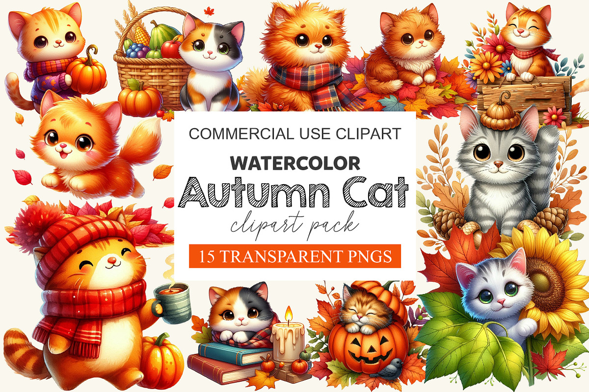 Watercolor Autumn Cat Clipart, an Animal Illustration by cherrydesign (Photo 1 of 4)