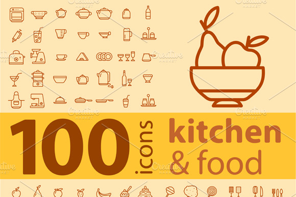Set Of 100 Kitchen Icons.