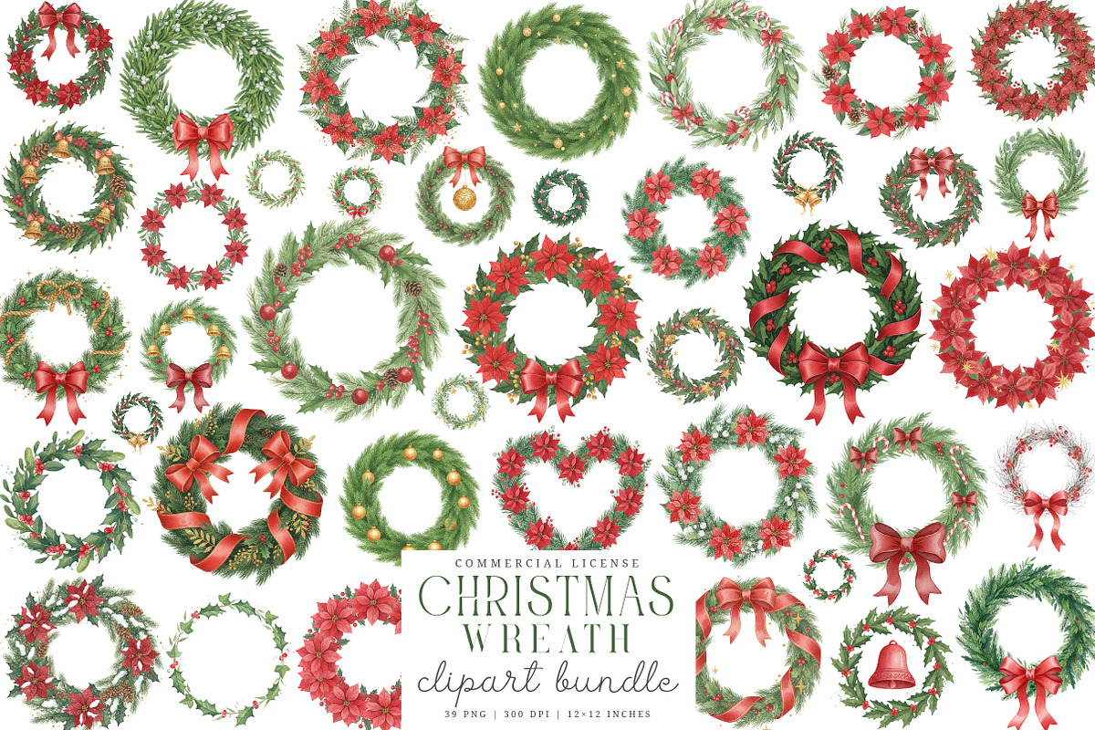 Christmas Wreath Clipart, Hollyhock, an Illustration by SinaCreation (Photo 1 of 7)