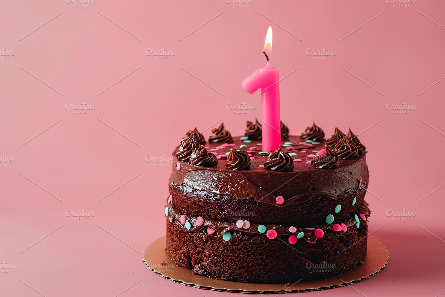 Birthday chocolate cake with one candle number 1 on pink background, a Food & Drink Photo by AlyaAnd