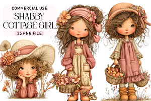 Shabby Cottage Girl Clipart Bundle, a Seasonal Illustration by Daily.Designs