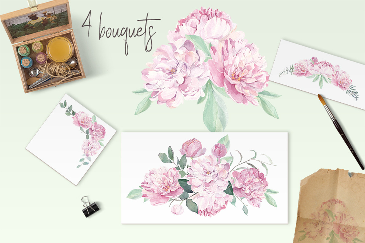 Peonies Clipart Watercolor Set, an Illustration by ColorfulNest (Photo 2 of 7)
