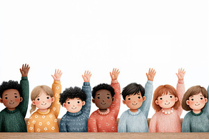 Excited student group raises hands in classroom setting, a School & Education Photo by OSORIOartist
