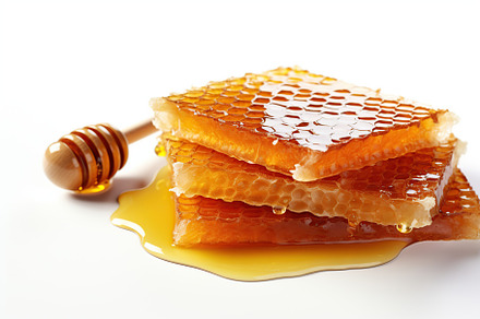 Honeycomb with honey and honey dipper on white background, a Food & Drink Photo by AlyaAnd