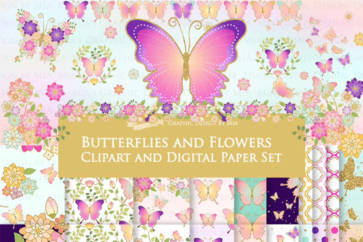 Butterflies and Flowers Gold Glitter, an Illustration by Mia's Graphic Design (Photo 2 of 11)