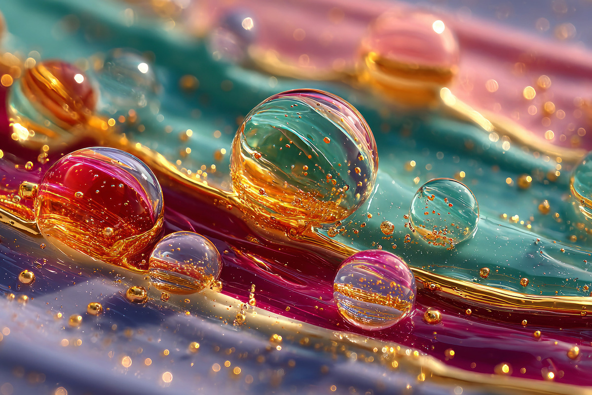 Glass spheres with swirling colors and golden bubbles floating o, a Decorative Illustration by José Manuel Gelpi