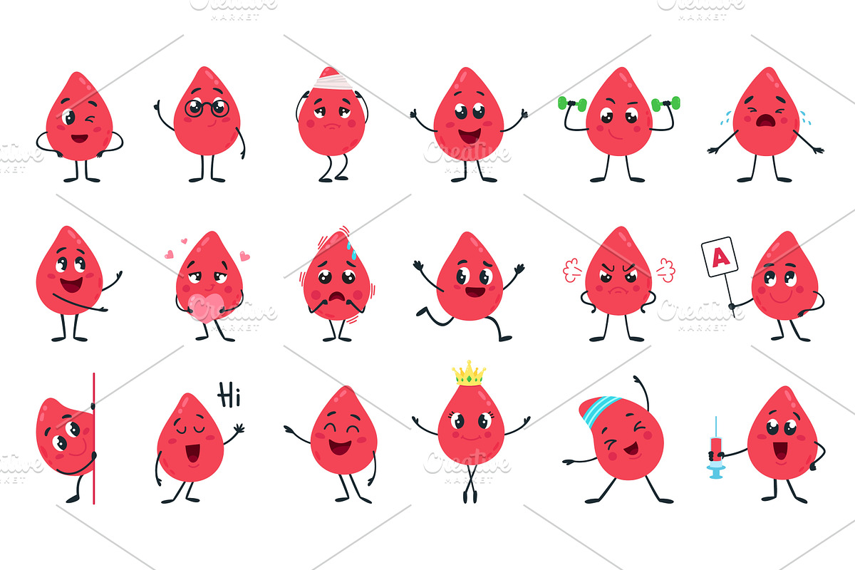 Blood drops characters. Red drop, an Illustration by LadadikArt