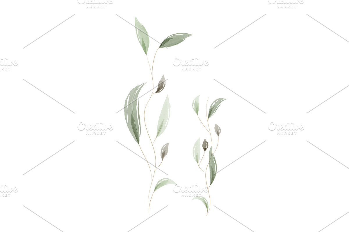 Delicate watercolor green leaves and, an Object Illustration by okskukuruza