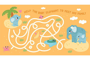 Elephant maze game. Help baby animal, an Animal Illustration by YummyBuum