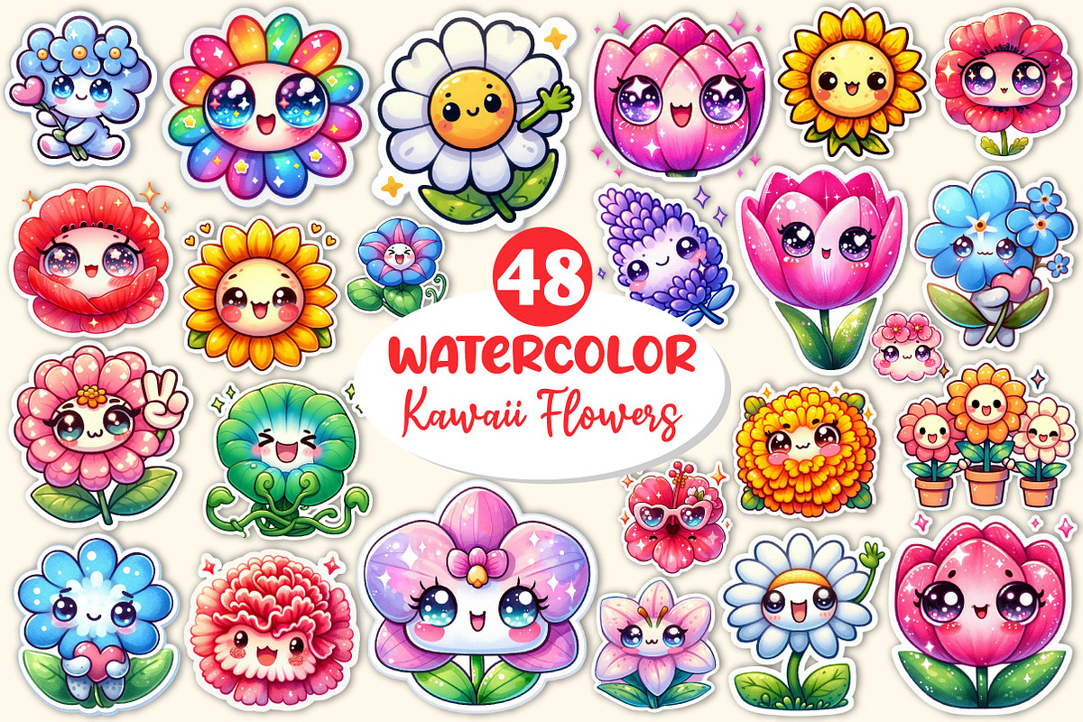 Kawaii Flowers Stickers Bundle, an Illustration by Dream Creation (Photo 1 of 5)