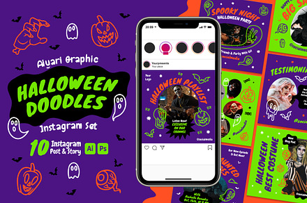 Halloween Doodles Instagram Set, a Social Media Template by Aiyari Graphic