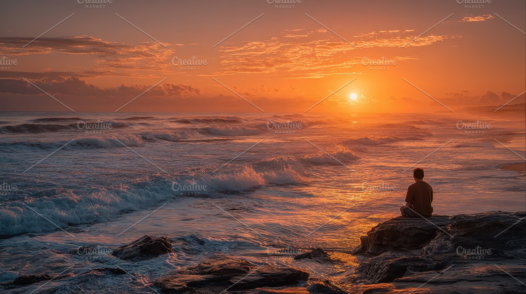 Serene Sunset Ocean View Man Silhoue, a Photo by Pixeness Studio