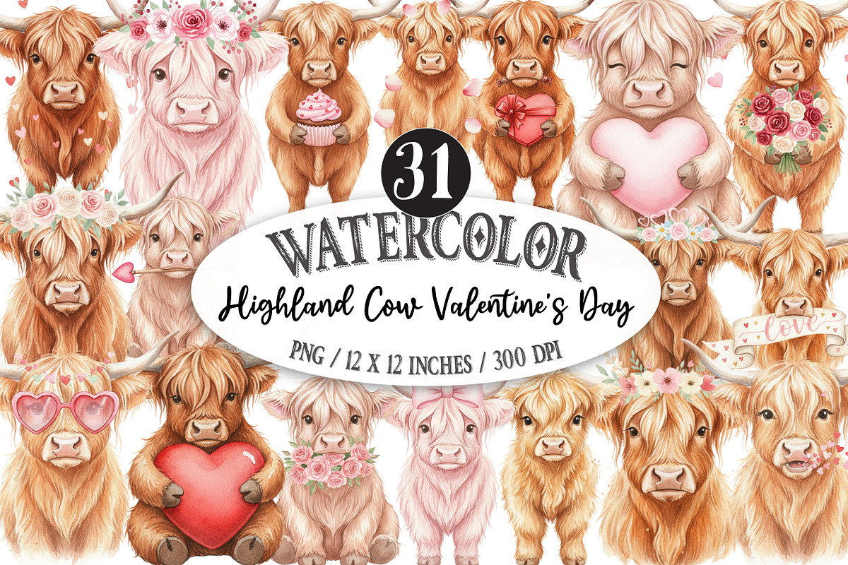Highland Cow Valentine's Day PNG, an Illustration by Designking (Photo 1 of 5)