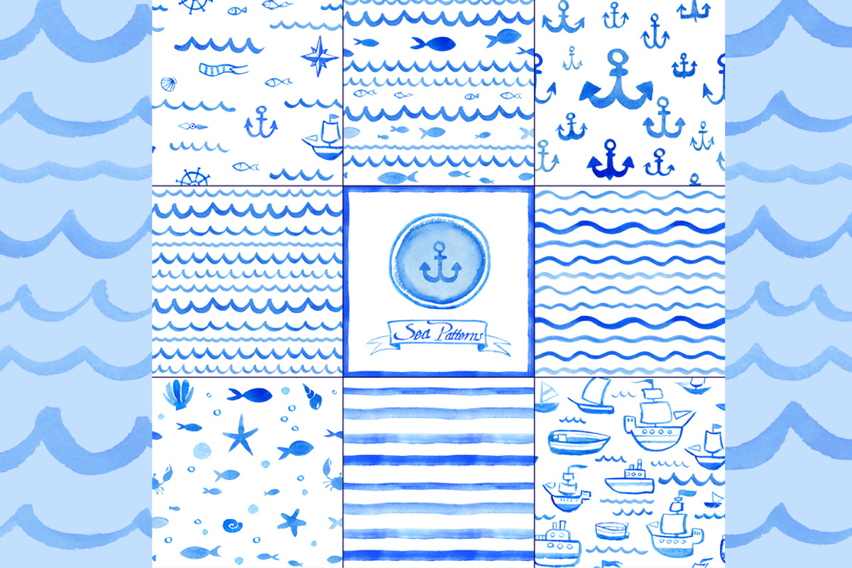 Watercolor Nautical Patterns, a Pattern Graphic by KatPush