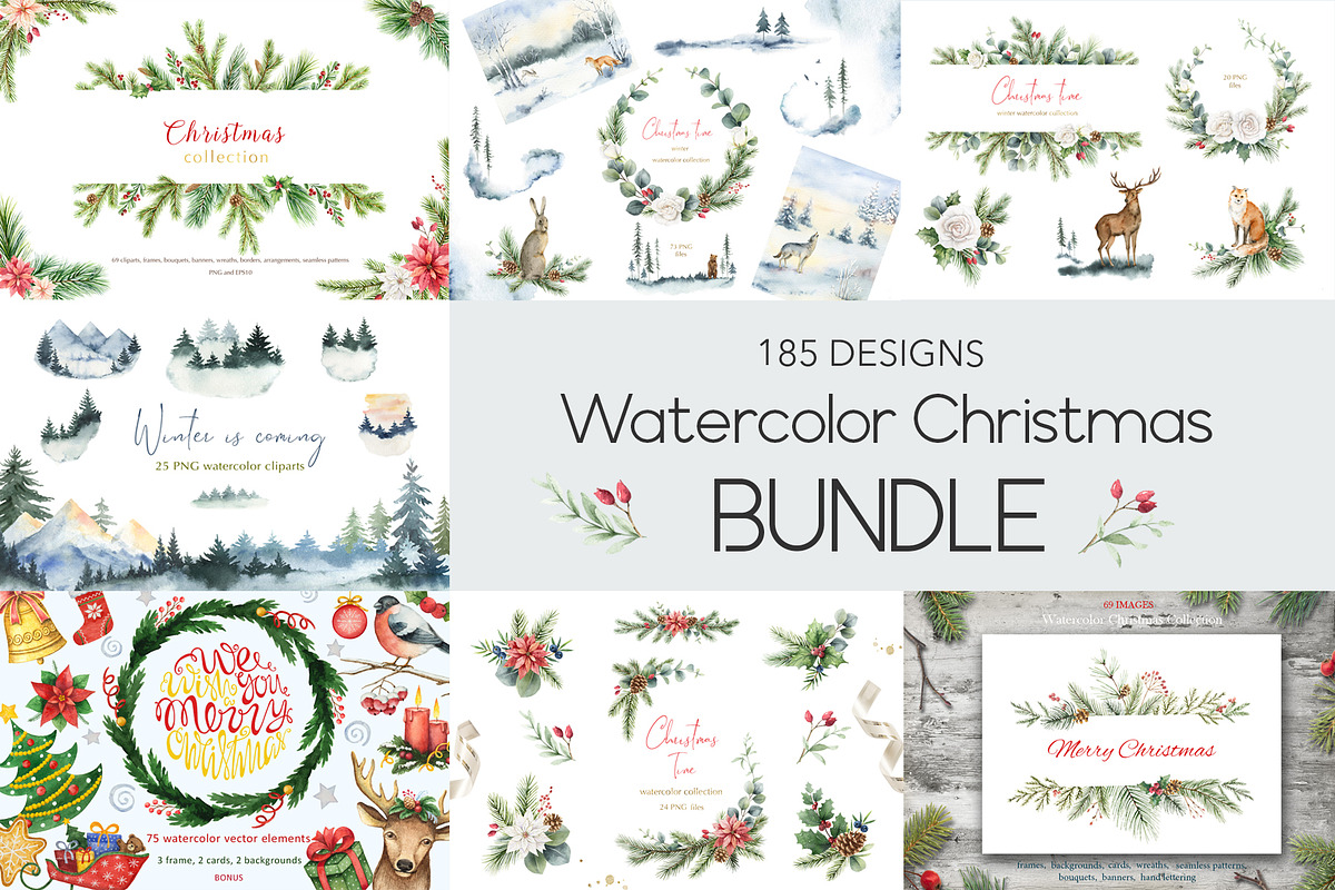 Watercolor Christmas Bundle, an Animal Illustration by Elena Medvedeva (Photo 1 of 8)