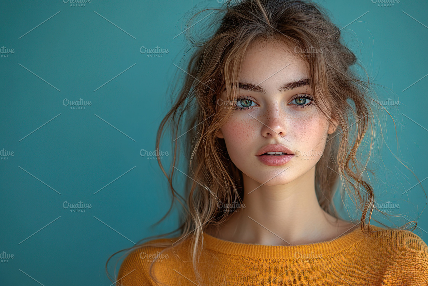 Young woman with natural beauty poses against a turquoise background wearing a, a Person Photo by AlyaAnd