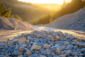 A close-up of gravel on a sunny day, with a winding road and forested hills in, a Background Photo by ImageMir