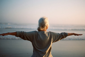elderly woman stretching arms at sunrise, generative AI, a Photo by Nito