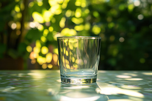 Clear glass resting on a sunlit, a Photo by Pavel_design