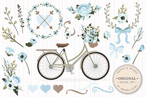 Soft Blue Vector Bicycle & Flowers, an Illustration by Amanda Ilkov