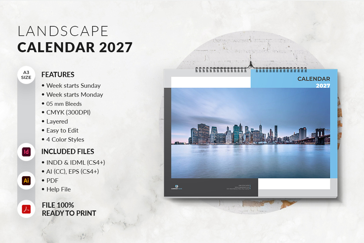 Landscape A3 Calendar 2027, a Stationery Template by MstArtwork (Photo 8 of 8)