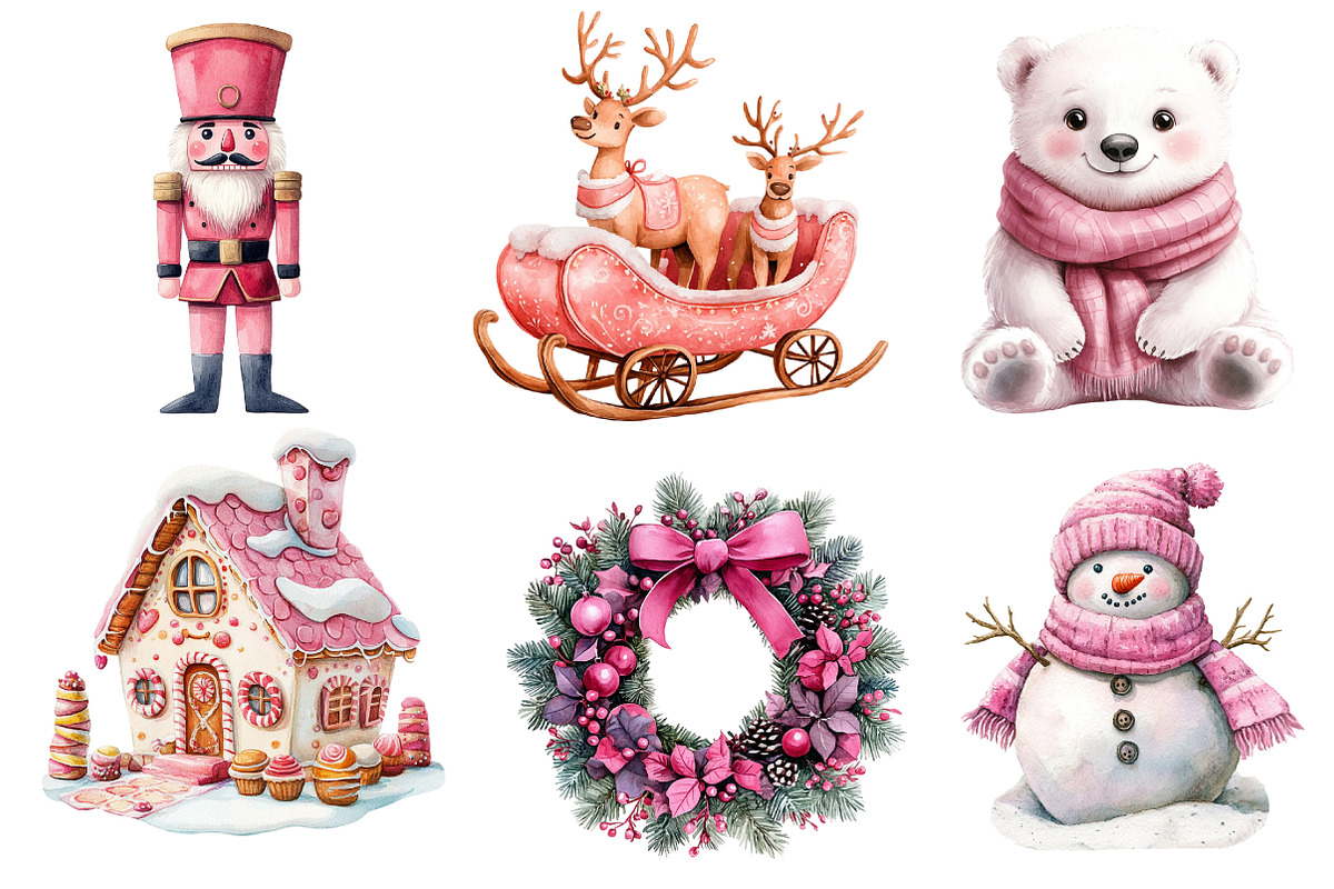 Pink Christmas Watercolor Clipart, an Illustration by Dream Creation (Photo 4 of 7)
