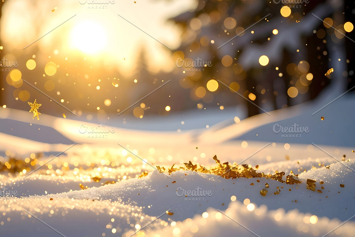 Golden sparkles floating above snowy white ground in sunlight, a Holiday Photo by GoodGoods (Photo 1 of 2)