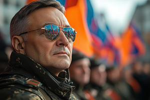 Soldier wearing sunglasses stands pr, a Photo by Tanuart