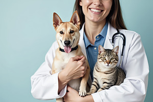 Smiling veterinarian with dog and ca, an Animal Photo by Perpis