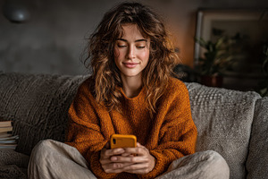 Woman relaxing on couch using phone, an Abstract Photo by Pixeness Studio