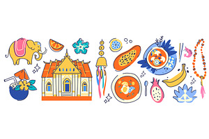 Thailand culture icons with, a Food Illustration by art PVP - market