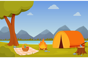 Summer camping scene. Forest camp, a Sport Illustration by Valerie Bodnar