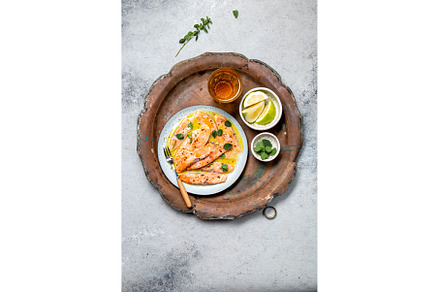 Salmon carpaccio. Salmon marinated, a Food & Drink Photo by LARISA BLINOVA